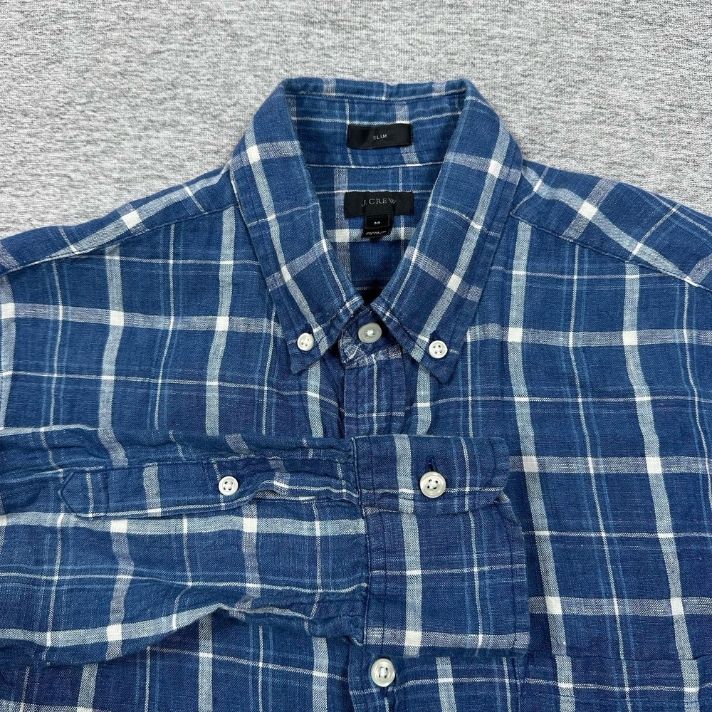 J.Crew Baird McNutt Irish Linen Shirt Mens Medium Blue Slim Plaid Button Down
